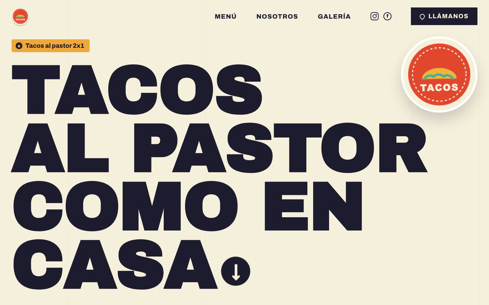 Ejemplo de taquería en escritorio: portada con el texto Tacos al pastor como en casa