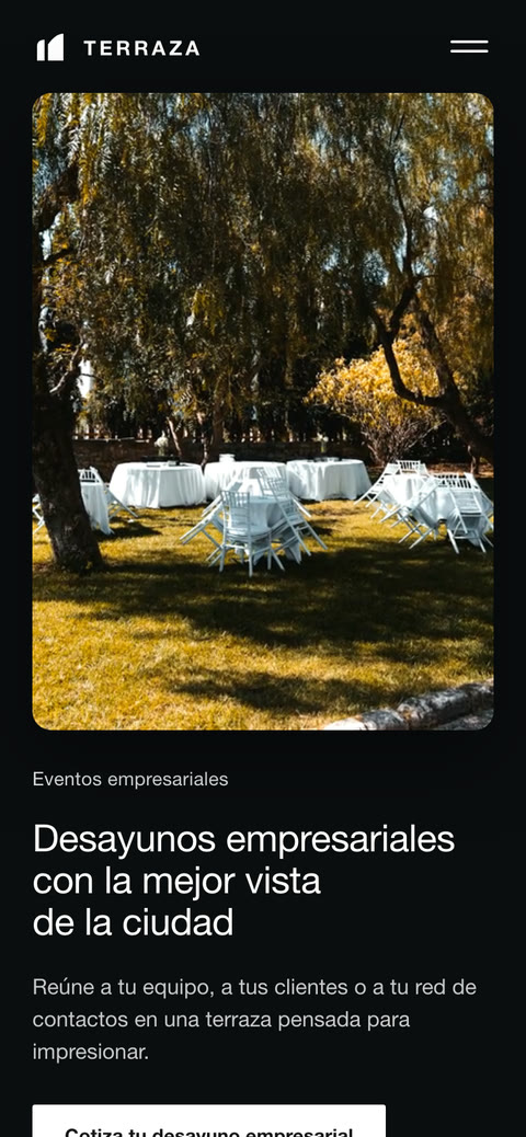 Ejemplo de terraza para eventos en celular: video de la terraza y titular